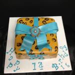 9 inch square covered in fondant hand painted leopard spots. Fondant bow and accents. serves 30